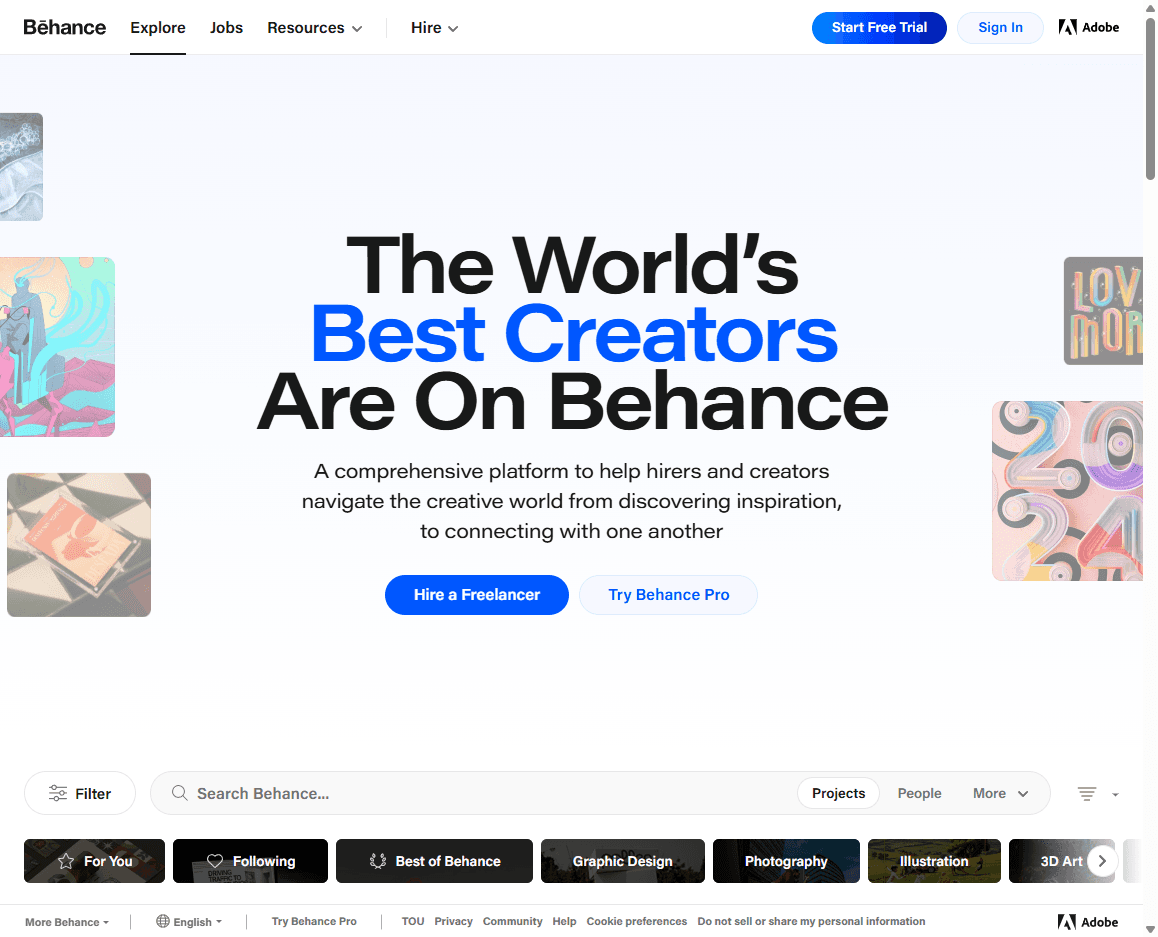 ภาพหน้าจอโฮมเพจ Behance ที่แสดงแพลตฟอร์มพอร์ตโฟลิโอสร้างสรรค์ การค้นหา project และการนำทาง